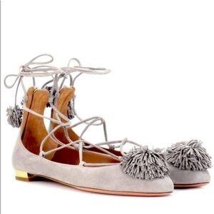 Aquazurra Sunshine Pom Pom Tie Up Flats in Grey Suede (Size 9)